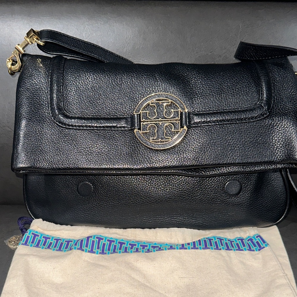 Tory Burch Black Leather Amanda Fold-Over Messenger Bag